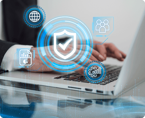 Laptop with a digital security shield icon and abstract digital elements